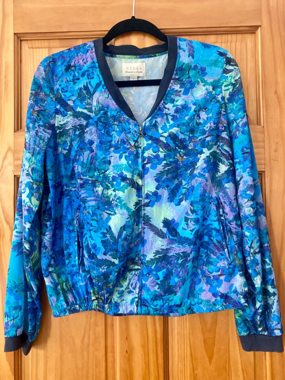 Hinge Blue Floral Bomber Jacket Lightweight Zip Front Pockets Size M
